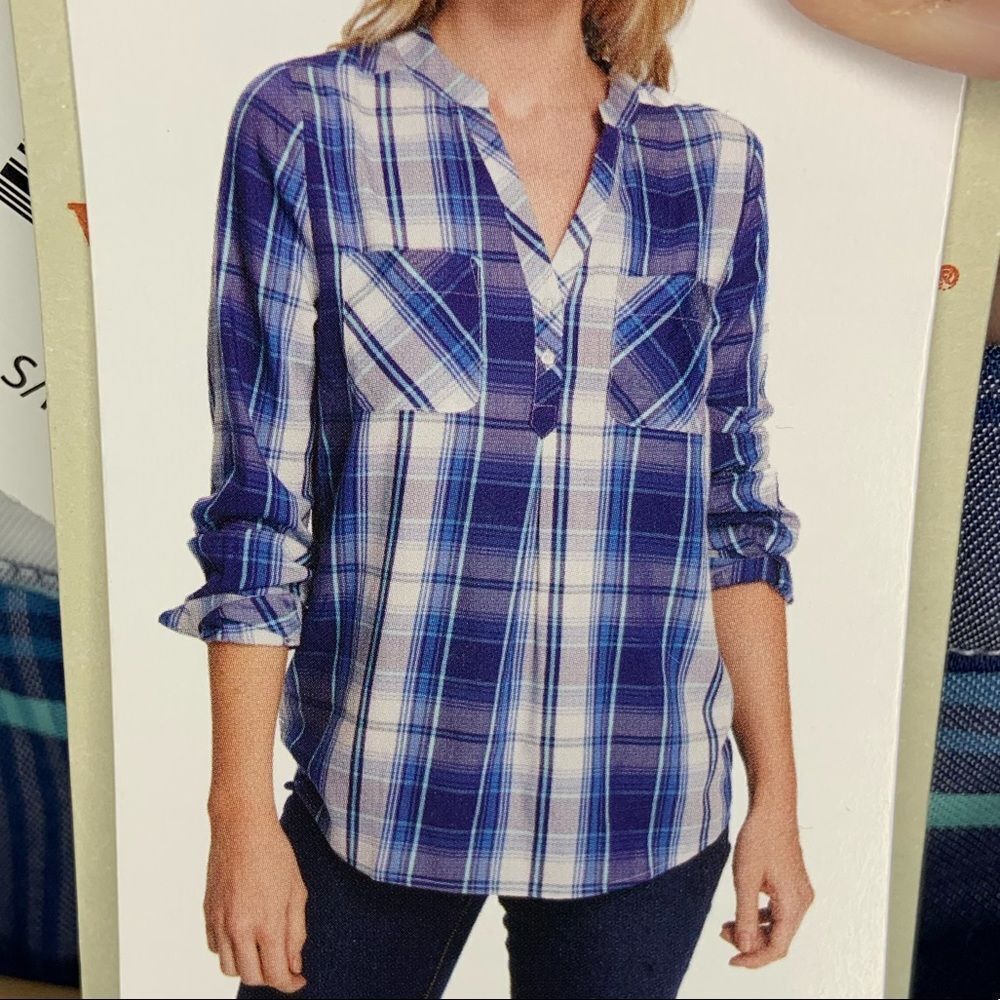 Blue Flannel Half Button-Up Top - Picture 2 of 5